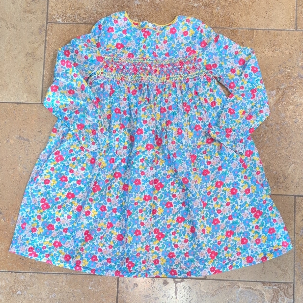 Mini Boden girl smocked dress. Blue floral. Size 6-7Y.